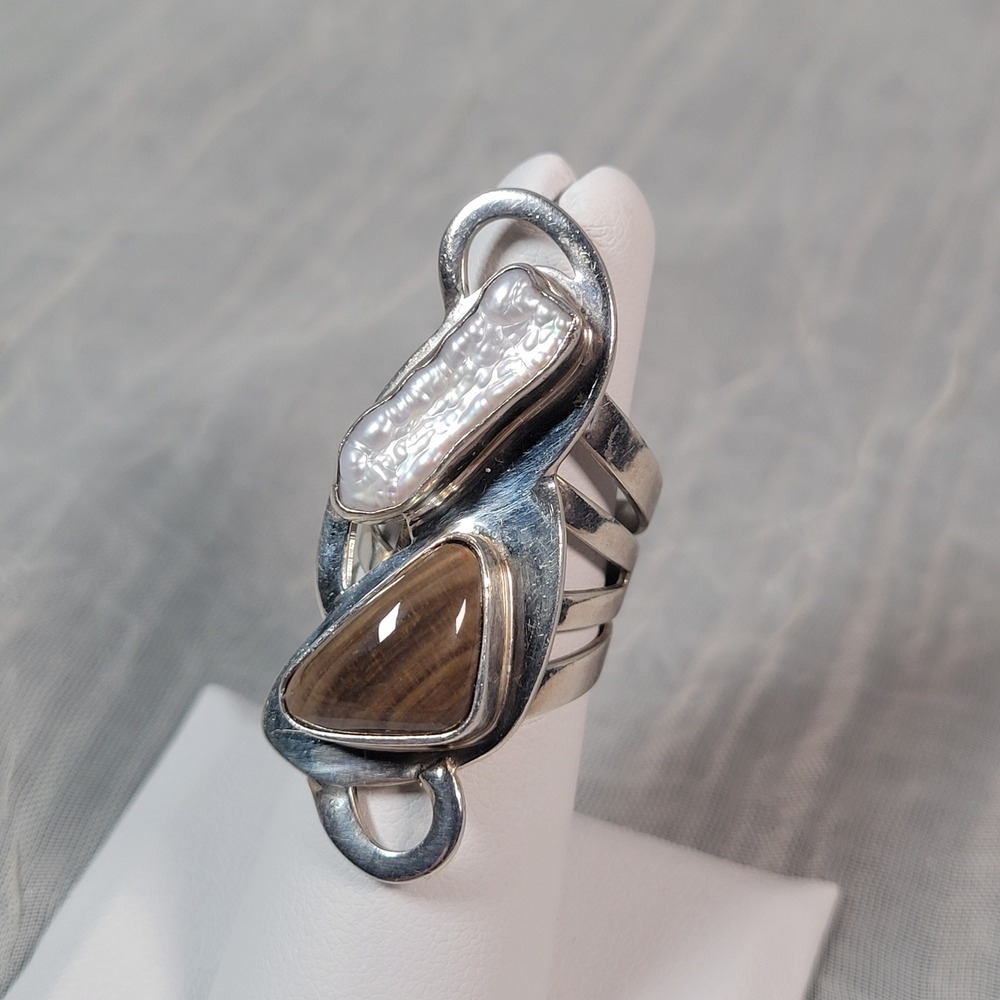 Jay King Sterling Silver Tiger's Eye Biwa Pearl Statement Ring Size 6 14.9g